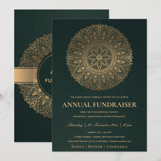 INVITATION GREEN GOLD ORNATE MANDALA CORPORATE FÊTE (Devant / Derrière)