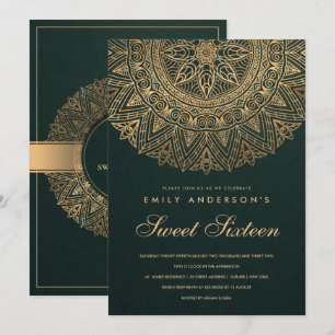 INVITATION GREEN GOLD ORNATE MANDALA SWEET SIXTEEN BIRTHDAY