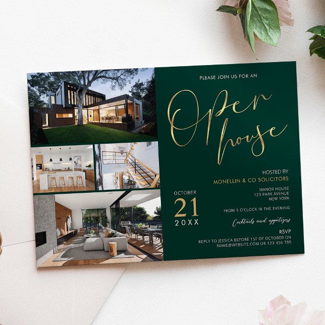 Invitation Green & Gold Property Flyer Open House Four Photos (Stylish business open house event photo collage invitation in emerald green and gold)