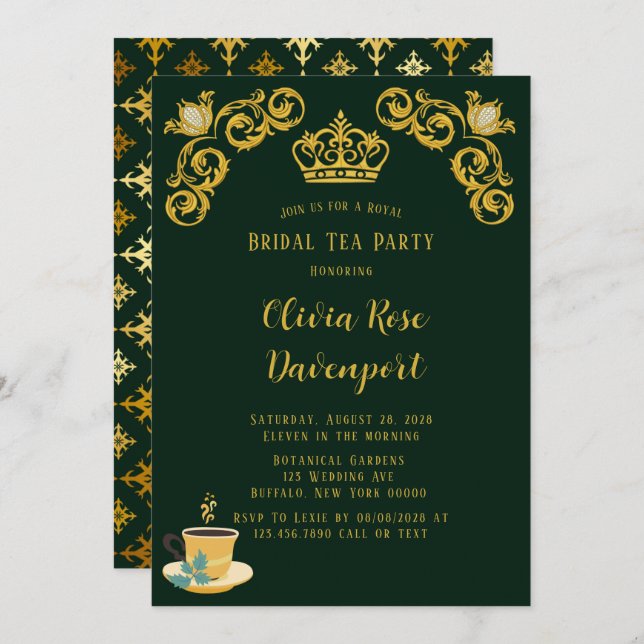 Invitation Green & Gold Royal Crown Damask Bride Tea Party (Devant / Derrière)
