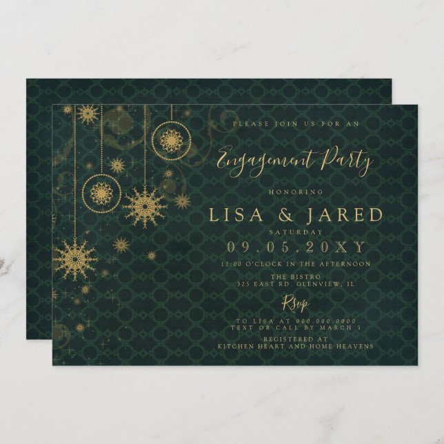 Invitation Green Gold Snowflakes Winter Engagement Party (Devant / Derrière)