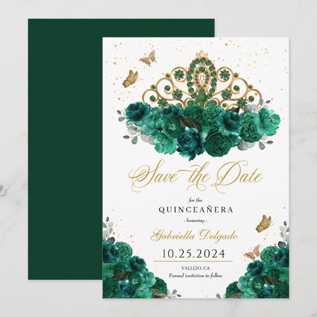 Invitation Green & Gold Tiara Enregistrer La Date Quinceañera (Devant / Derrière)