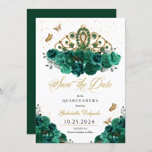 Invitation Green & Gold Tiara Enregistrer La Date Quinceañera