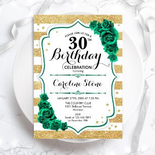 Invitation Green Gold & White Stripes Floral 30e anniversaire