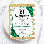 Invitation Green Gold White Stripes Rose 21e anniversaire<br><div class="desc">Invitation de fête du 21e anniversaire. Elégant design floral vert émeraude avec rose. Fonctionne de faux parties scintillant or et bandes blanches et police de script. Idéal pour une célébration anniversaire féminine élégante. Peut être customisé pour n'importe quel âge ! Invitations Zazzle imprimées ou téléchargement instantané modèle imprimable numérique.</div>