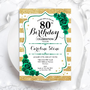 Invitation Green Gold White Stripes Rose 80e anniversaire