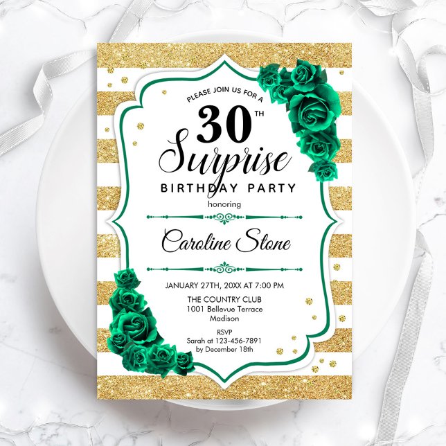 Invitation Green Gold White Surprise 30e anniversaire (Créateur téléchargé)