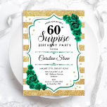 Invitation Green Gold White Surprise 60e anniversaire<br><div class="desc">Invitation de fête du 60e anniversaire surprise. Design vert émeraude féminin avec parties scintillant d'or faux. Avec des rayures blanches et dorées, des roses, des caractères de script et des confettis. Parfait pour une célébration anniversaire féminine élégante. Peut être personnalisé pour montrer n'importe quel âge. Invitations Zazzle imprimées ou téléchargement...</div>