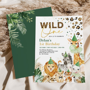 Invitation Green Gold Wild One Safari Party Animaux Anniversa