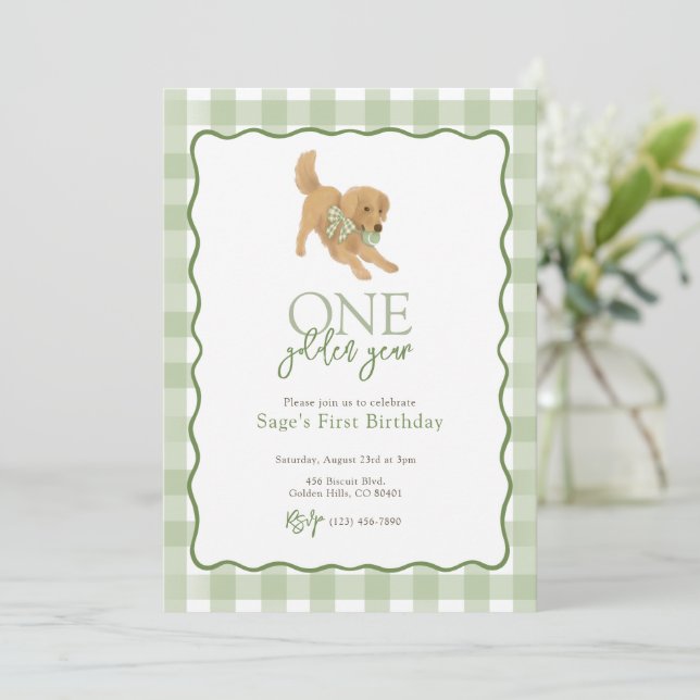 Invitation Green Golden Retriever Année Premier anniversaire (Debout devant)
