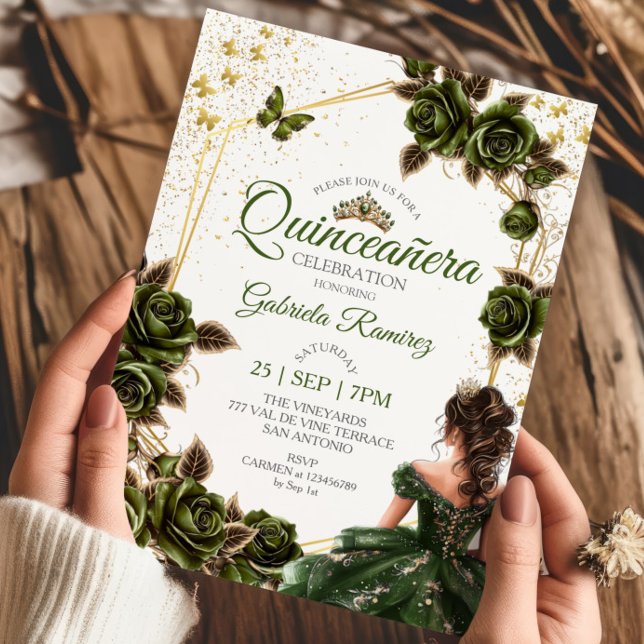 Invitation Green Golden Tiara Roses Butterfly Quinceañera (Créateur téléchargé)