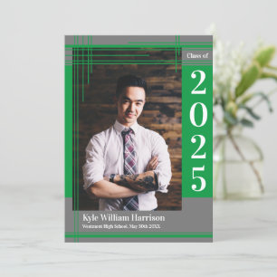 Invitation Green Grey École Couleur Graduation Photo Plaid