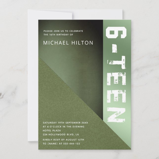 Invitation Green gruau bloc couleur garçon sweet sixteen invi (Devant)