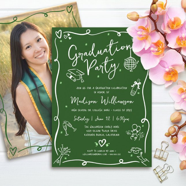 Invitation Green Hand Drawn Doodles Photo Graduation Party (Créateur téléchargé)