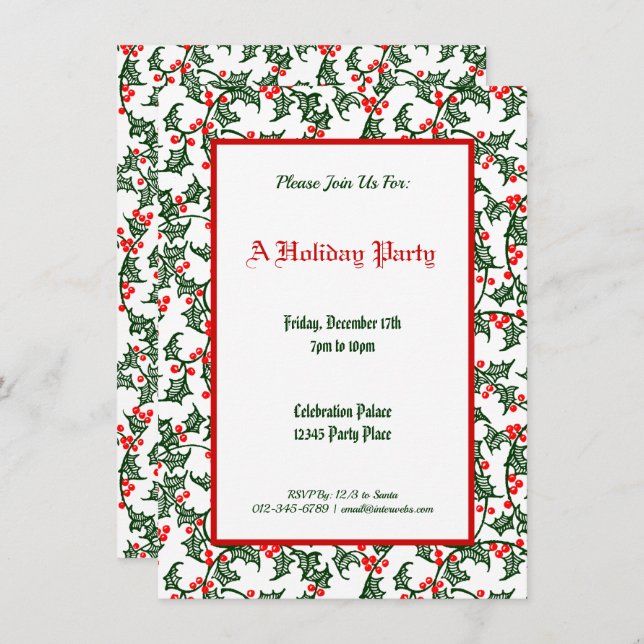 Invitation Green Holly Motif Holiday modifiable 4,5 x 6,25 po (Devant / Derrière)