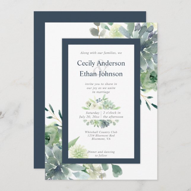 Invitation Green & Indigo Succulents Fleurs blanches Mariage (Devant / Derrière)