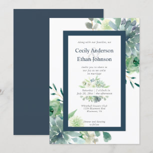 Invitation Green & Indigo Succulents Fleurs blanches Mariage