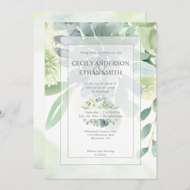 Invitation Green & Indigo Succulents Fleurs blanches Mariage (Devant / Derrière)