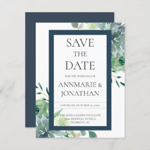 Invitation Green & Indigo Succulents White Flowers Mariage
