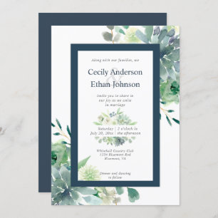 Invitation Green & Indigo Succulents White Flowers Mariage