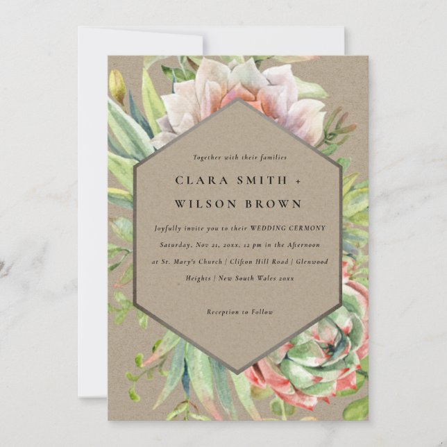 INVITATION GREEN KRAFT DESERT SUCCULENT CACTI FOLIAGE MARIAGE (Devant)