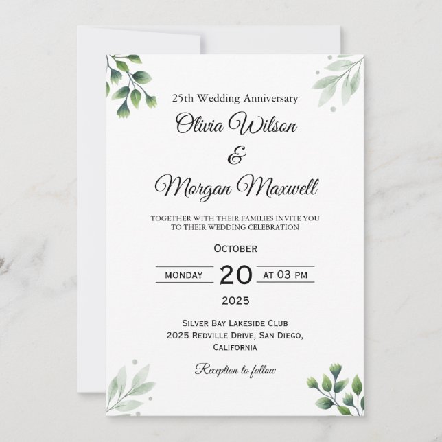 Invitation 'Green Leaf' 25e anniversaire de mariage standard  (Devant)