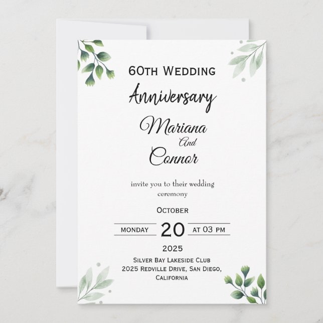 Invitation Green Leaf' Standard 60th Wedding Anniversary  (Devant)
