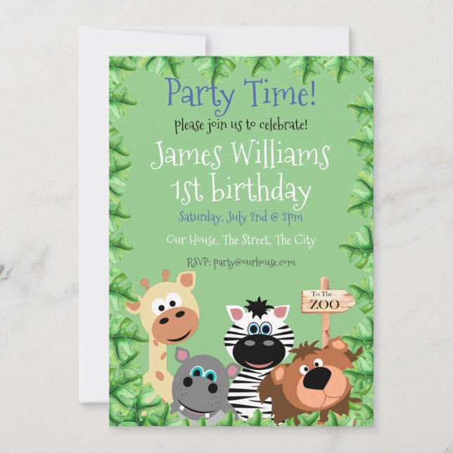 Invitation Green Leaf Zoo Animal Birthday Invitable (Devant)