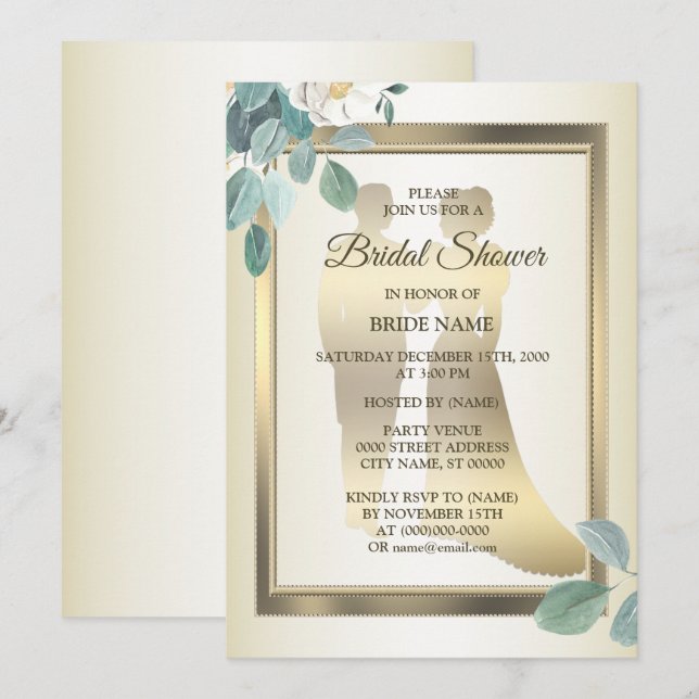 Invitation Green Leaves Flower Golden Bridal Shower Party (Devant / Derrière)