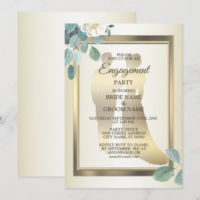 Invitation Green Leaves Flower Golden Frame Engagement Party (Devant / Derrière)