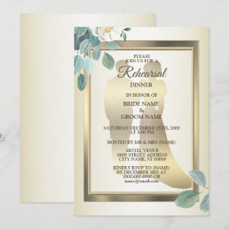 Invitation Green Leaves Flower Golden Rehearsal Dinner Party