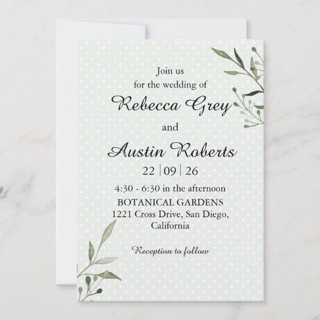 Invitation Green Leaves Modern  Minimalist Greenery Wedding (Devant)