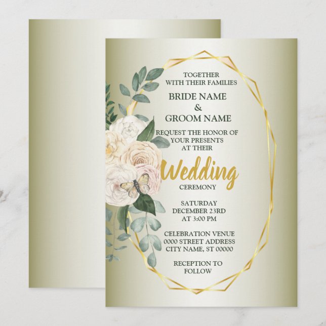 Invitation Green Leaves Pink Floral Golden Geometric Wedding (Devant / Derrière)