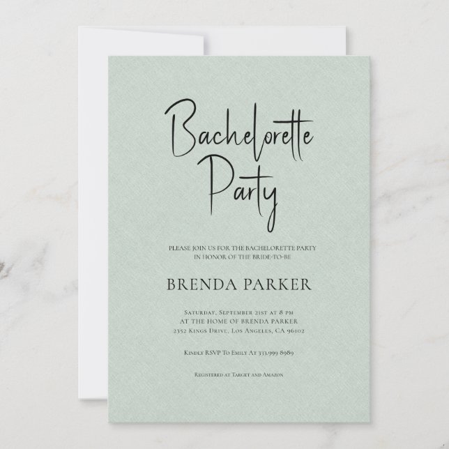 Invitation Green Linen Simple Noir Script Bachelortie (Devant)