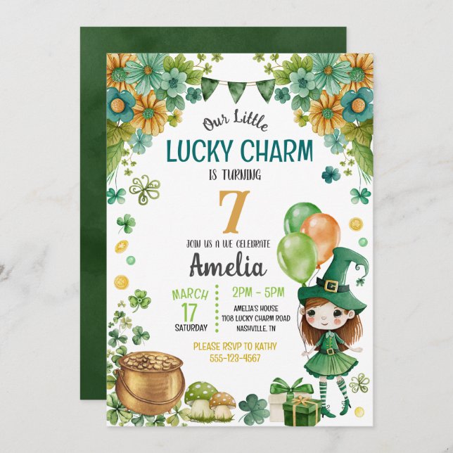 Invitation Green Little Leprechaun Girl St. Patricks Annivers (Devant / Derrière)