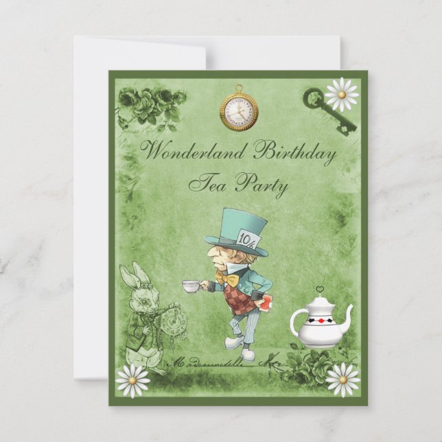 Invitation Green Mad Hatter Wonderland Birthday Tea Party (Devant)