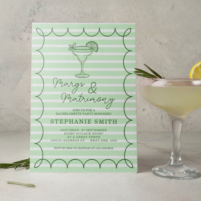 Invitation Green Margs and Matrimony Bachelorette Party  (Set the tone for a lively pre-wedding celebration with this mint green “Margs & Matrimony” invite)