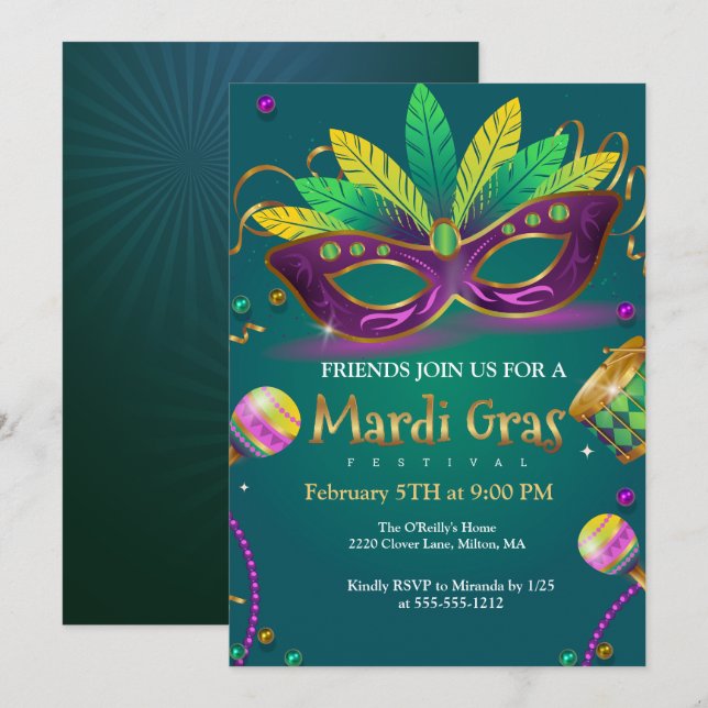 Invitation Green | Mascarade turquoise Mardi Gras (Devant / Derrière)