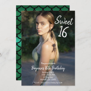 Invitation Green Mermaid Modern Photo Sweet 16 Party   