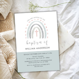 Invitation Green Minimal Boho Rainbow Cross Boy Baptême garço