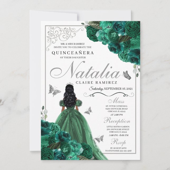 Invitation Green Mis Quince Anos Princess Robe Papillons (Devant)