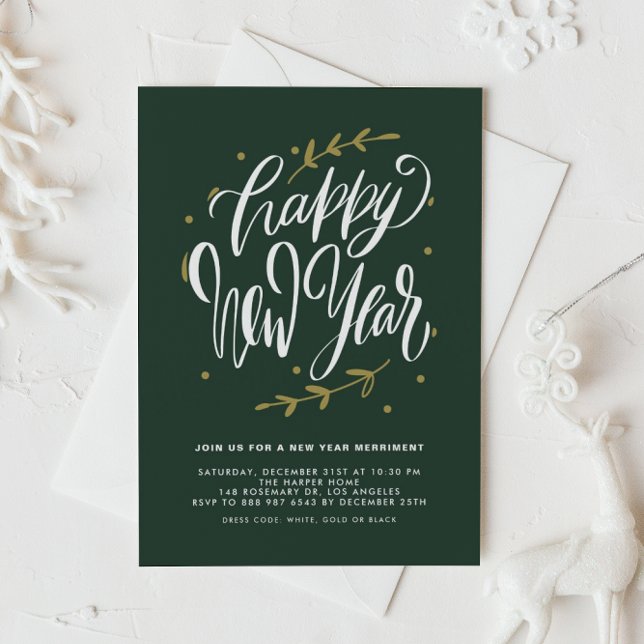 Invitation Green Modern Calligraphy and Wreath New Year Party (Customizable green New Year party invitation featuring modern calligraphy and foliage wreath.)
