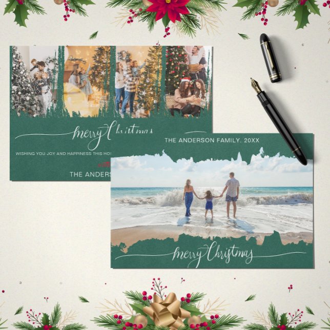 Invitation Green Modern Minimalist Photo Collage de Noël (Green Modern Minimalist Christmas Collage Photo Invitation)