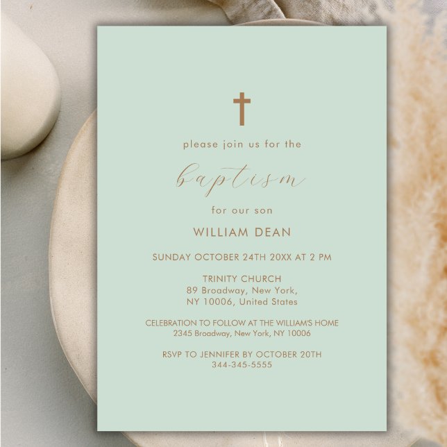 Invitation Green Modern Script Boho Gold Cross Baptême (Green Modern Script Boho Gold Cross Baptism Invitation)
