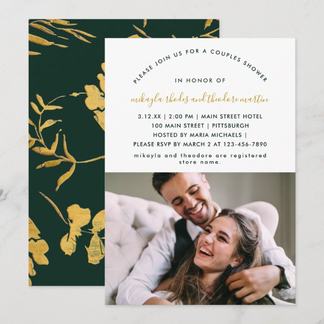 Invitation Green Modern Script Couples Douche Faux Gold Photo (Devant / Derrière)