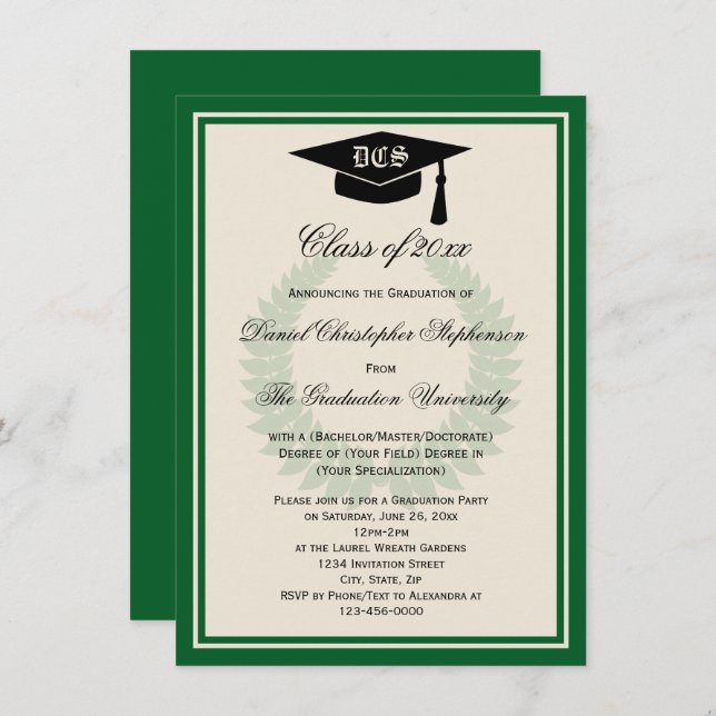 Invitation Green Monogram Laurel Classic College Graduation (Devant / Derrière)
