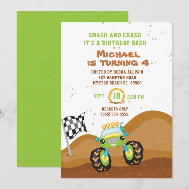 Invitation Green Monster Truck 4th Birthday Racing (Devant / Derrière)