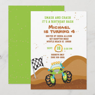 Invitation Green Monster Truck 4th Birthday Racing