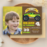 Invitation Green Monster Truck Kids Photo Anniversaire<br><div class="desc">Éblouissez vos invités avec cet invitation de fête d'anniversaire cool avec un camion monstre vert et jaune avec typographie moderne contre un arrière - plan marron. Ajoutez simplement les détails de votre événement sur ce modèle facile à utiliser et ornez cette carte avec la photo préférée de votre enfant pour...</div>