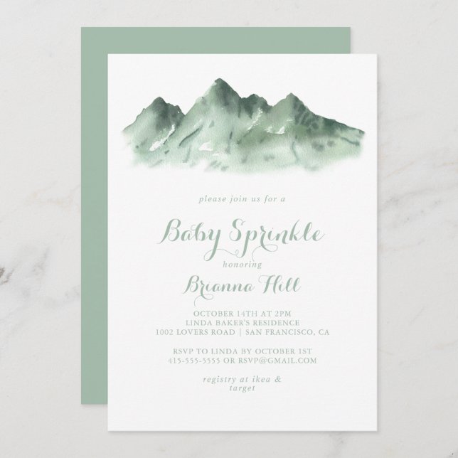 Invitation Green Mountain Country Calligraphy Bébé Sprinkle (Devant / Derrière)